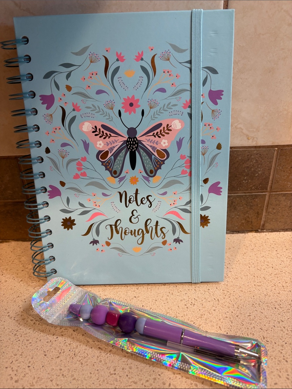 Notes & Thoughts Blue Floral Butterfly Journal with Purple Pen NEW!